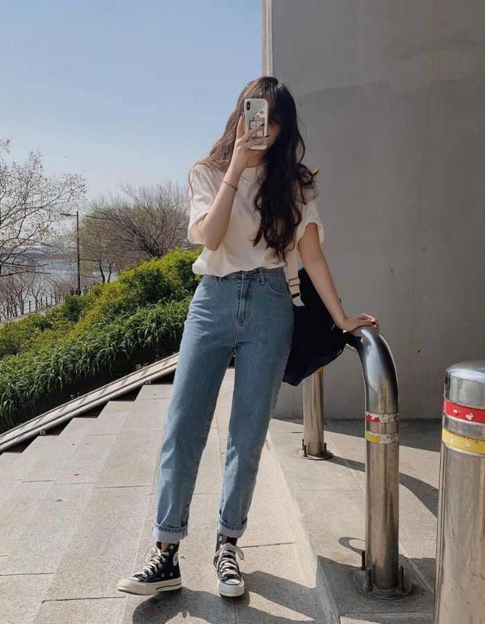 10 Cách phối quần jeans nữ lưng cao Hàn Quốc - Kiến thức