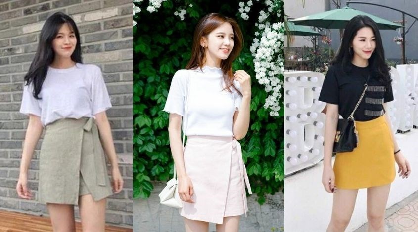 Quần với váy và áo phông Quần giả váy phối với áo gì đẹp và thời trang nhất