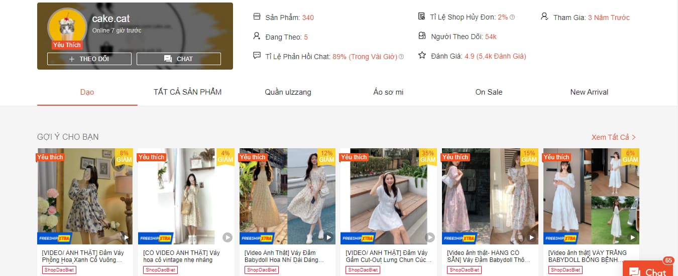 cake.cat store bán váy đẹp trên shopee với nhiều mã giảm giá tốt