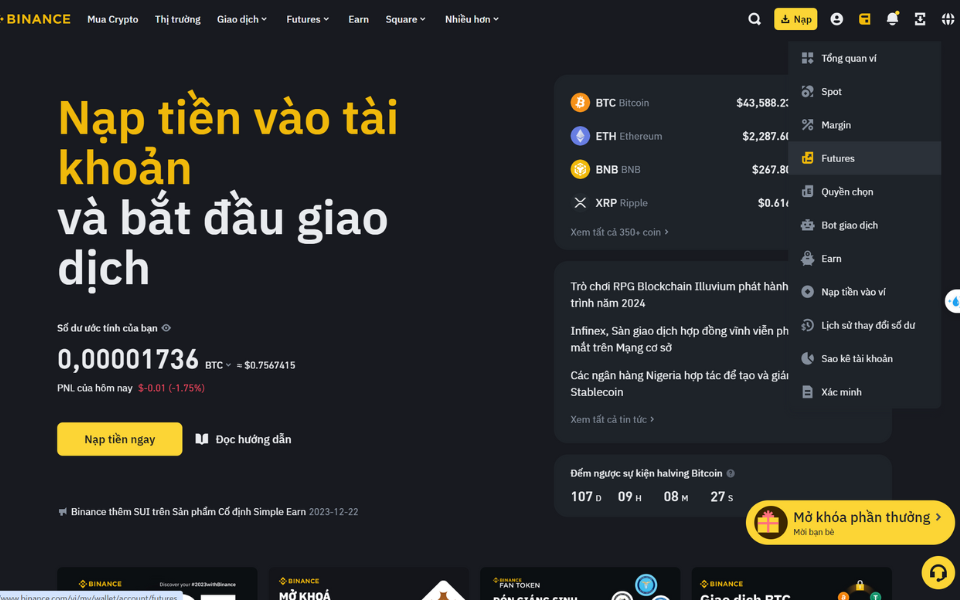 Giao diện khi mở tài khoản Future trên Binance
